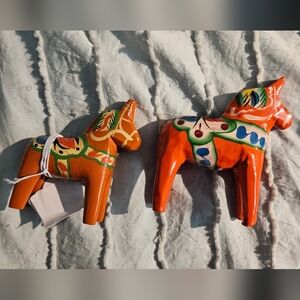Handcrafted Pair Of Orange Hand Carved & Painted Swedish Dala Animal Figurines